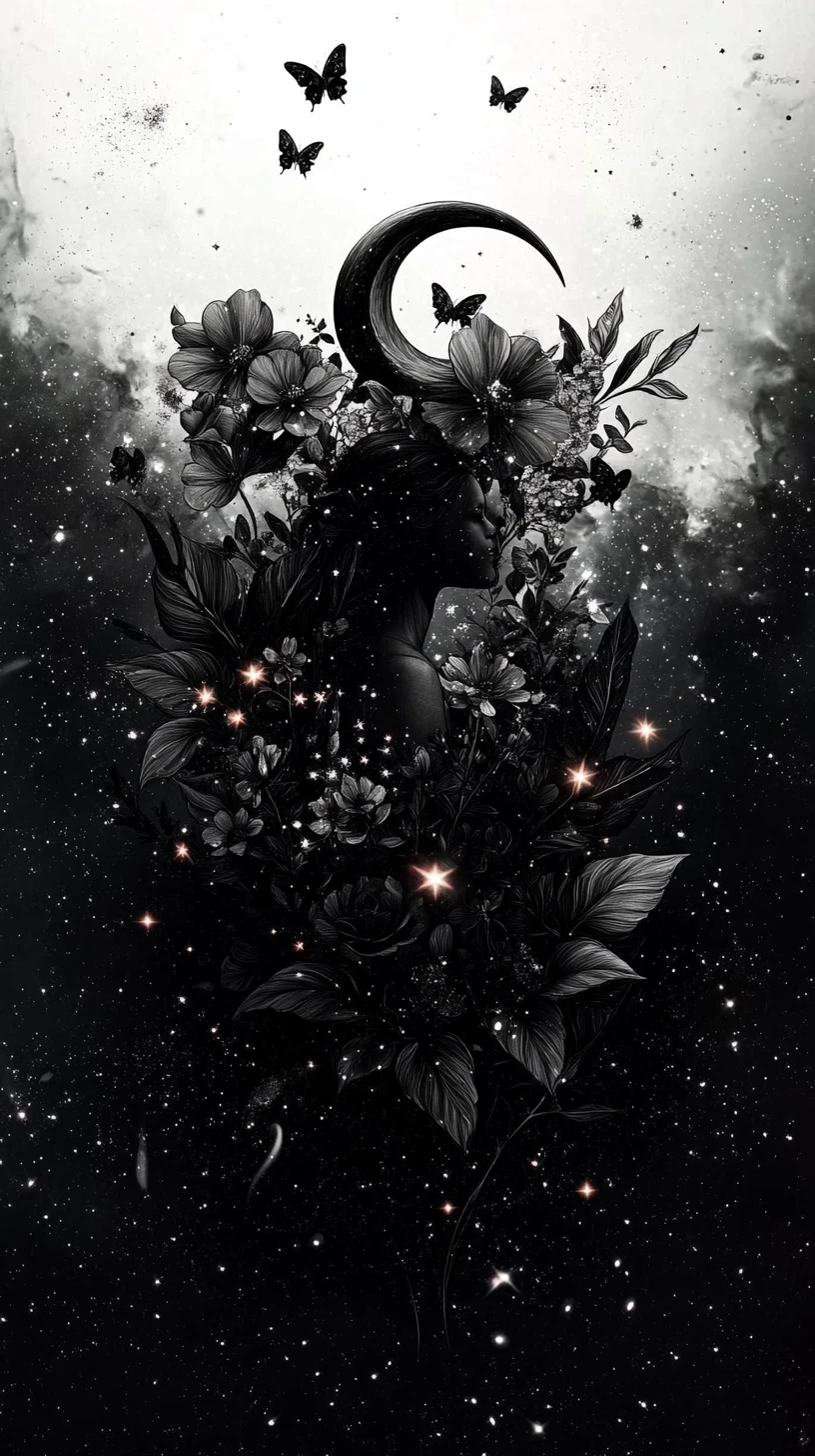 Feminine floral silhouette with celestial botanical details