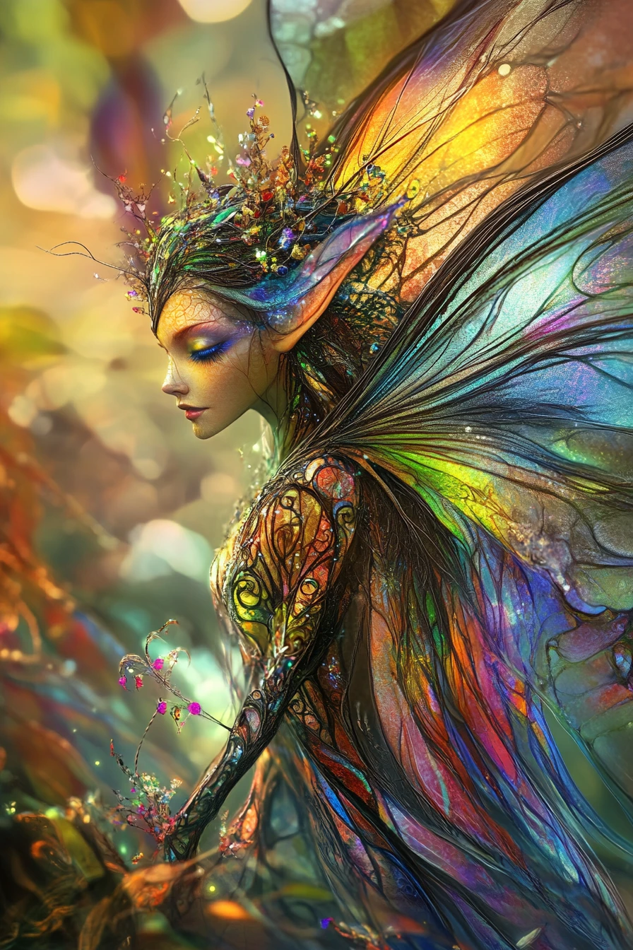 Abstract cyborg fae woman walking through a colorful garden