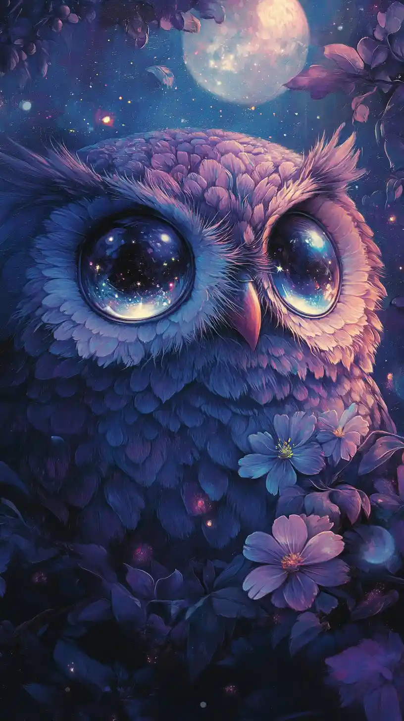Round owl with moonflowers in glowing pointillist night colors