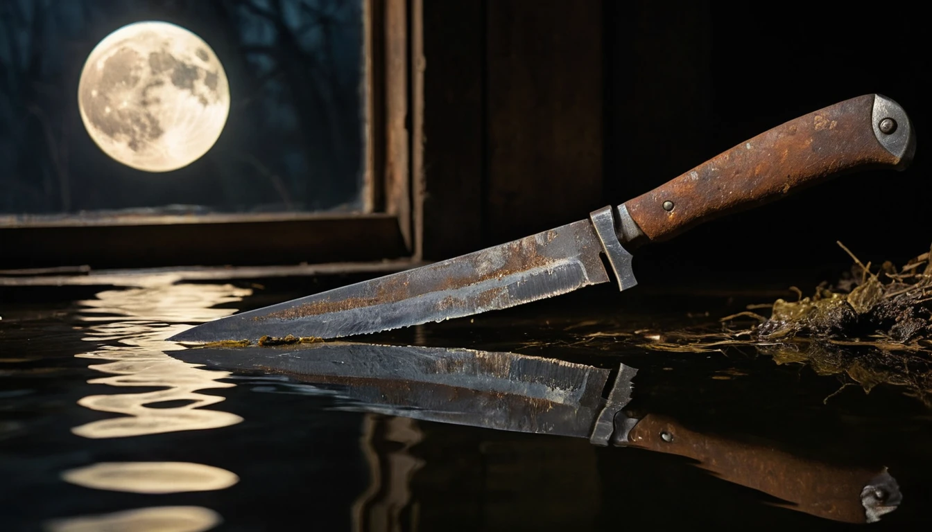 Rusty kitchen knife in murky water under faint moonlight