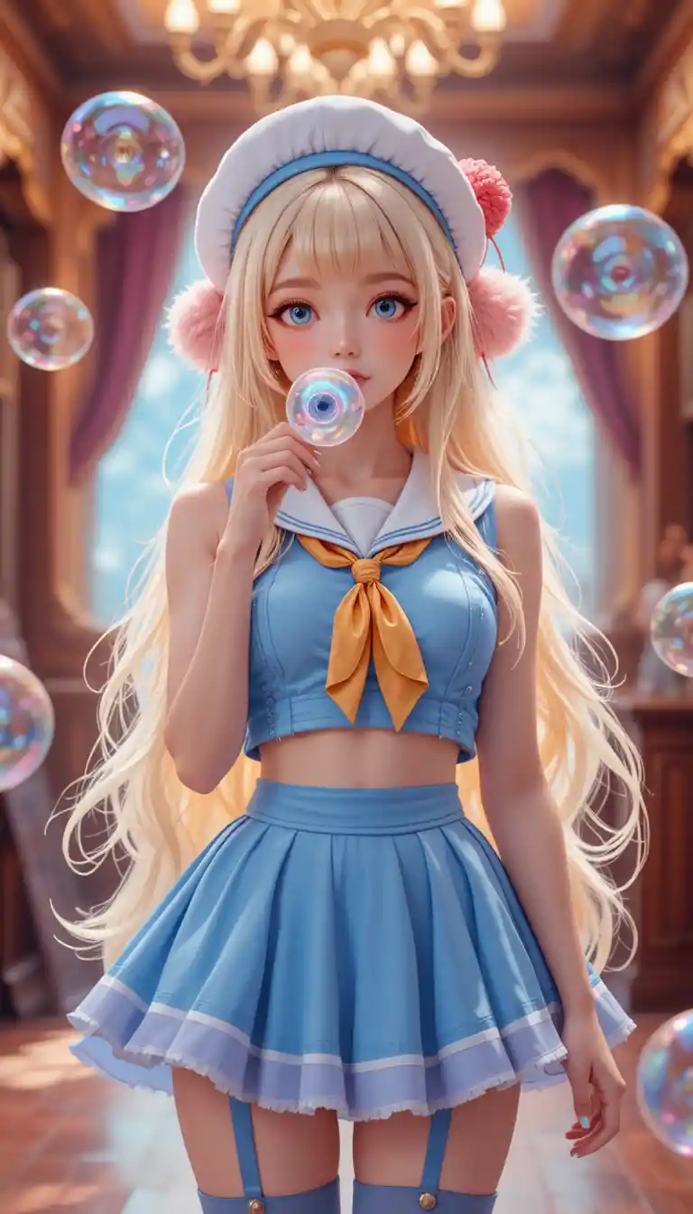 Blonde magical girl vtuber blowing bubbles indoors