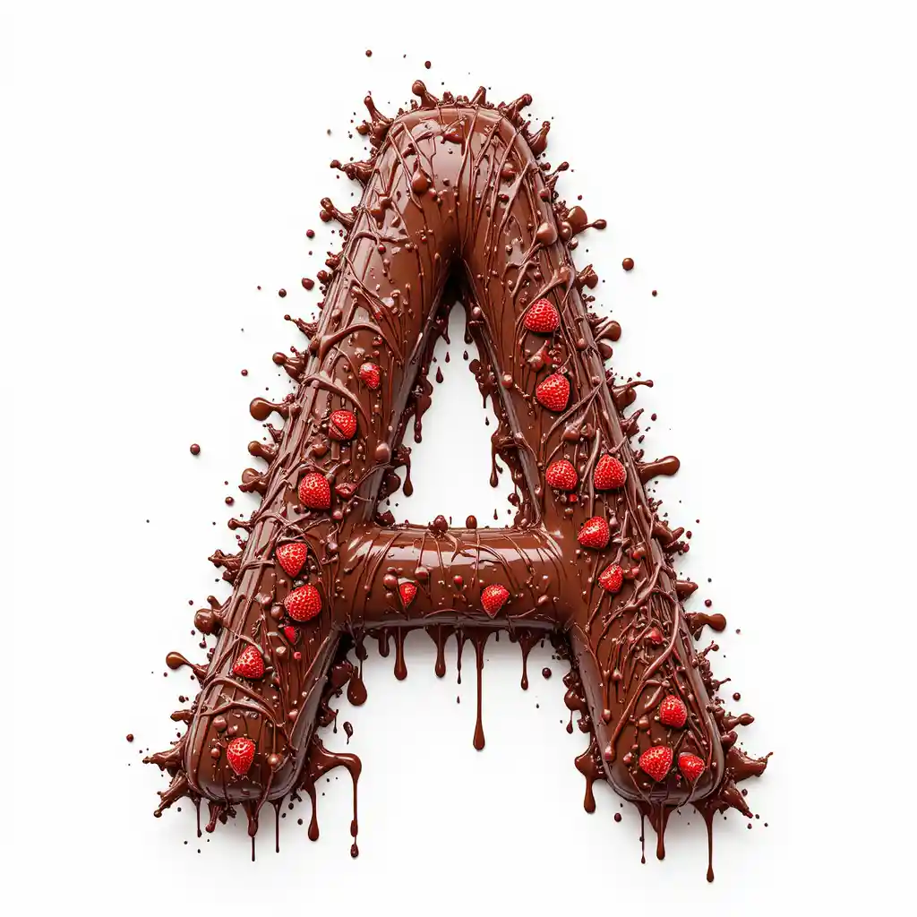 Drip art letter A shaped from a chocolate strawberry