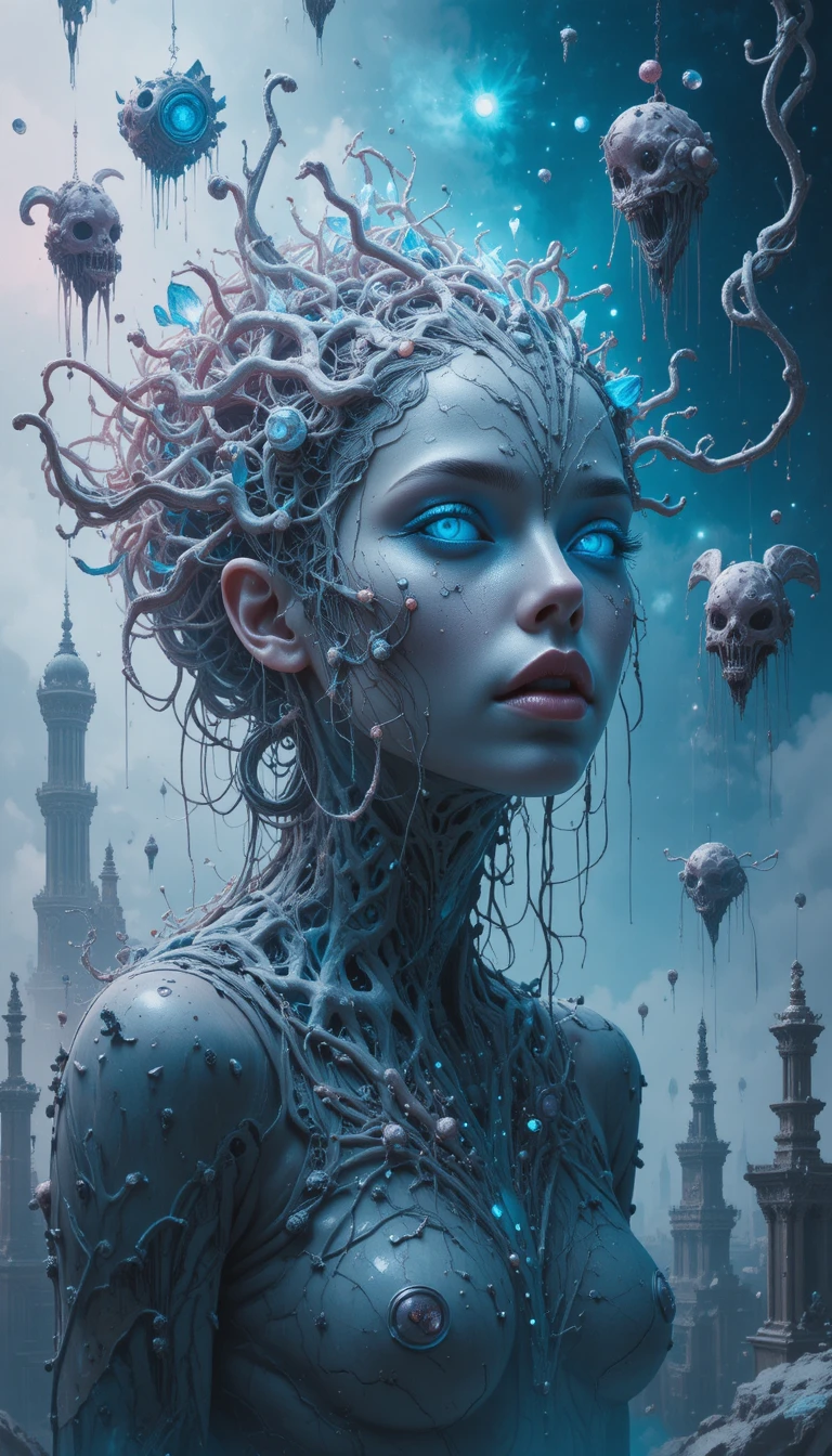 Surreal monster with half human biomechanical face