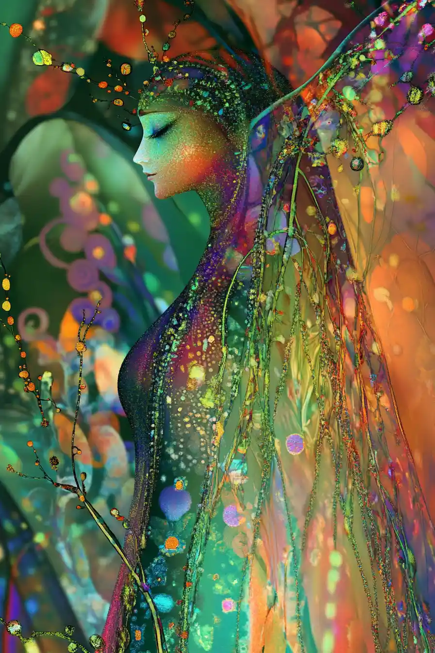 Abstract cyborg fairy woman in a strange colorful garden