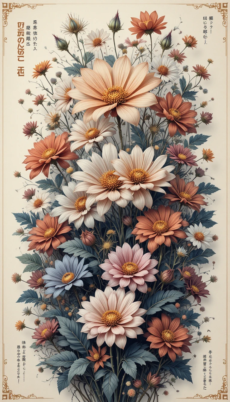 Colorful graphic flyer with many abstract cosmos flowers