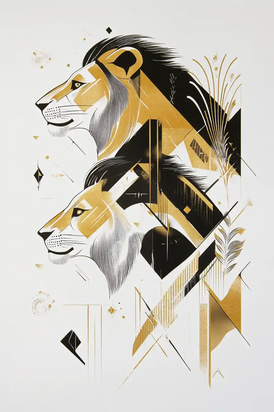 Art deco lions with geometric gold and black ornaments