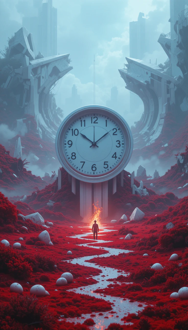 Surreal white clock above a crimson geometric dreamscape