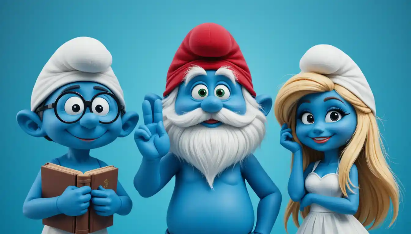 Tre simpatici personaggi dei cartoni animati blu su sfondo turchese