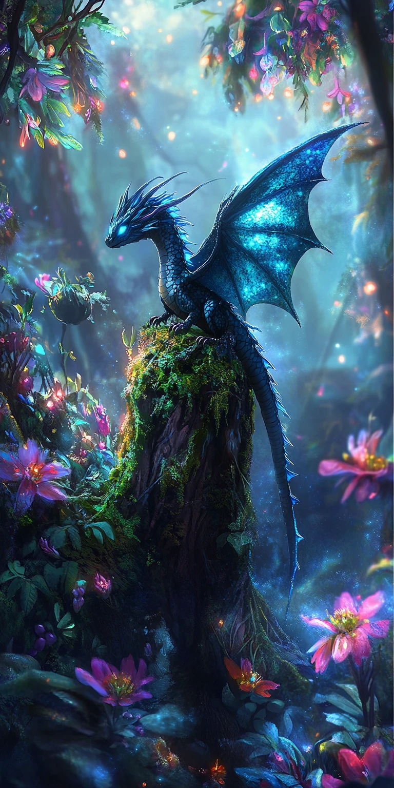 Small glowing dragon in an enchanted twilight forest