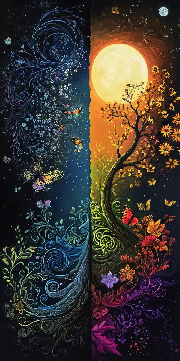 Dittico fiabesco di alberi, rampicanti e fiori al chiaro di luna