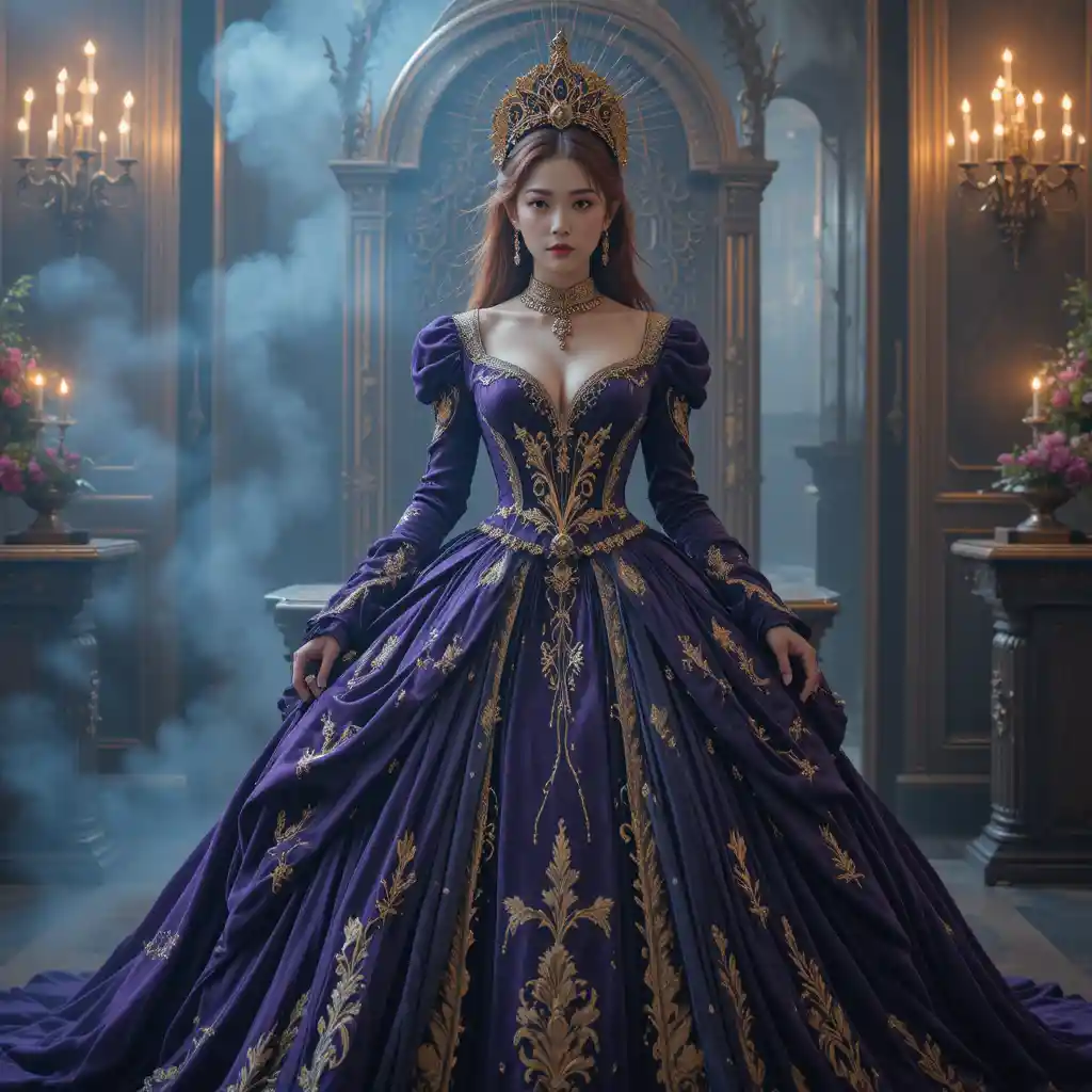 Korean fantasy queen in baroque velvet gown at midnight