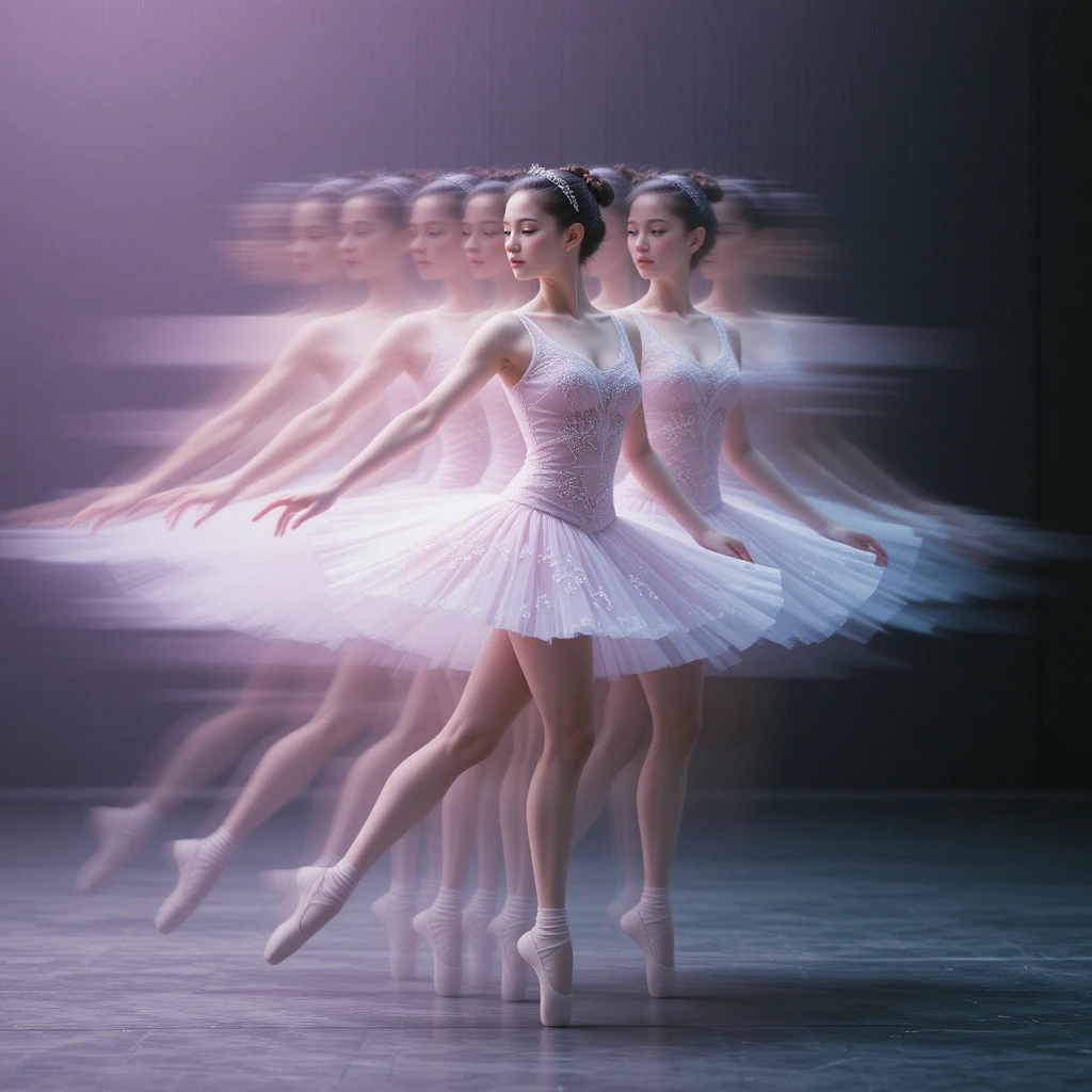 Ballet dancer in layered temporal motion echoes with soft colors