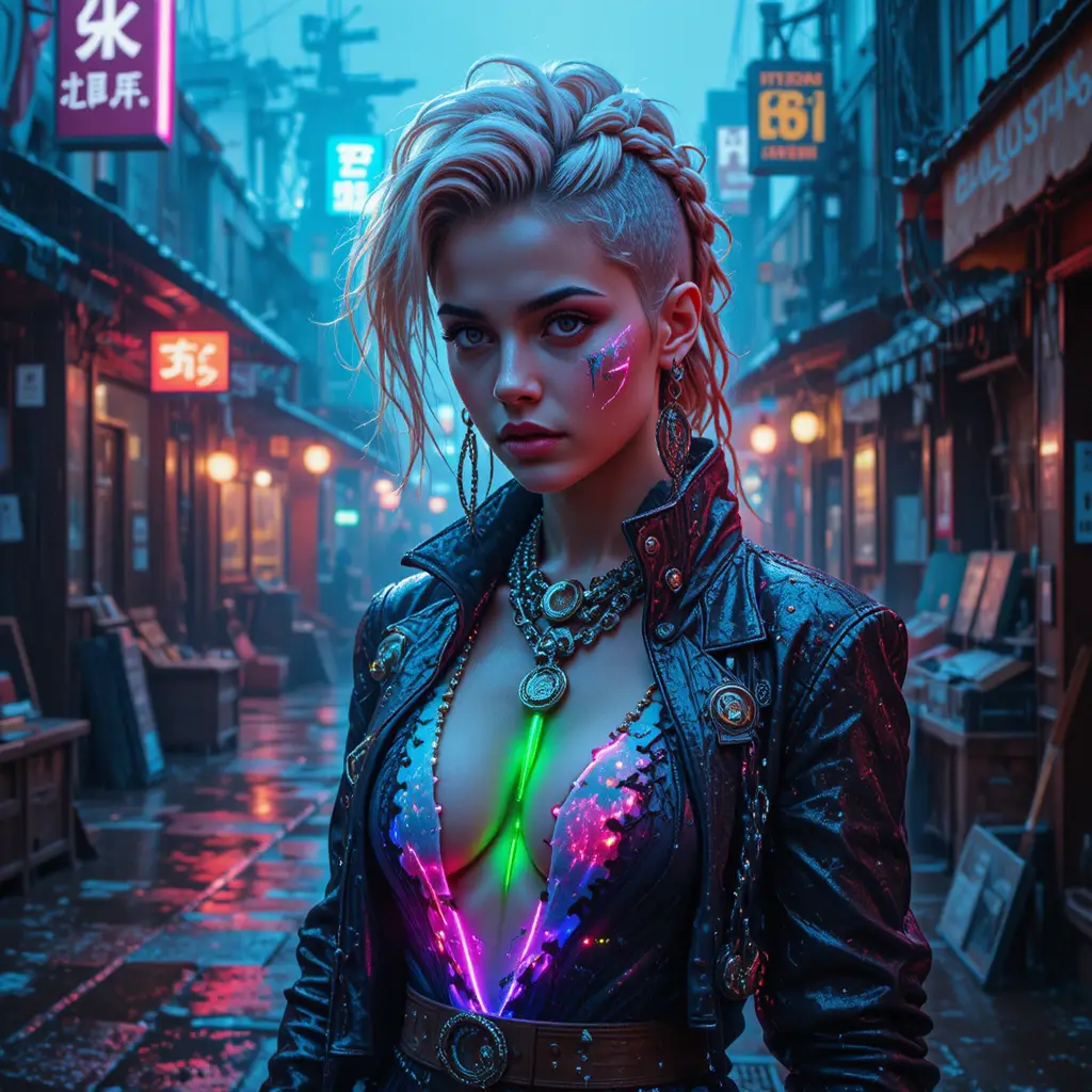 Cyberpunk pirate queen in neon lit harbor alley portrait