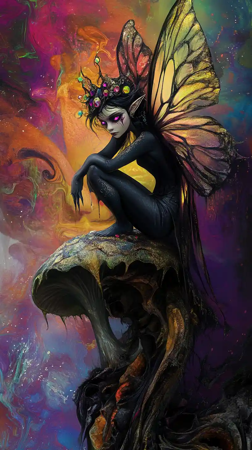 Dark faerie perched on a twisted mushroom in glowing colors