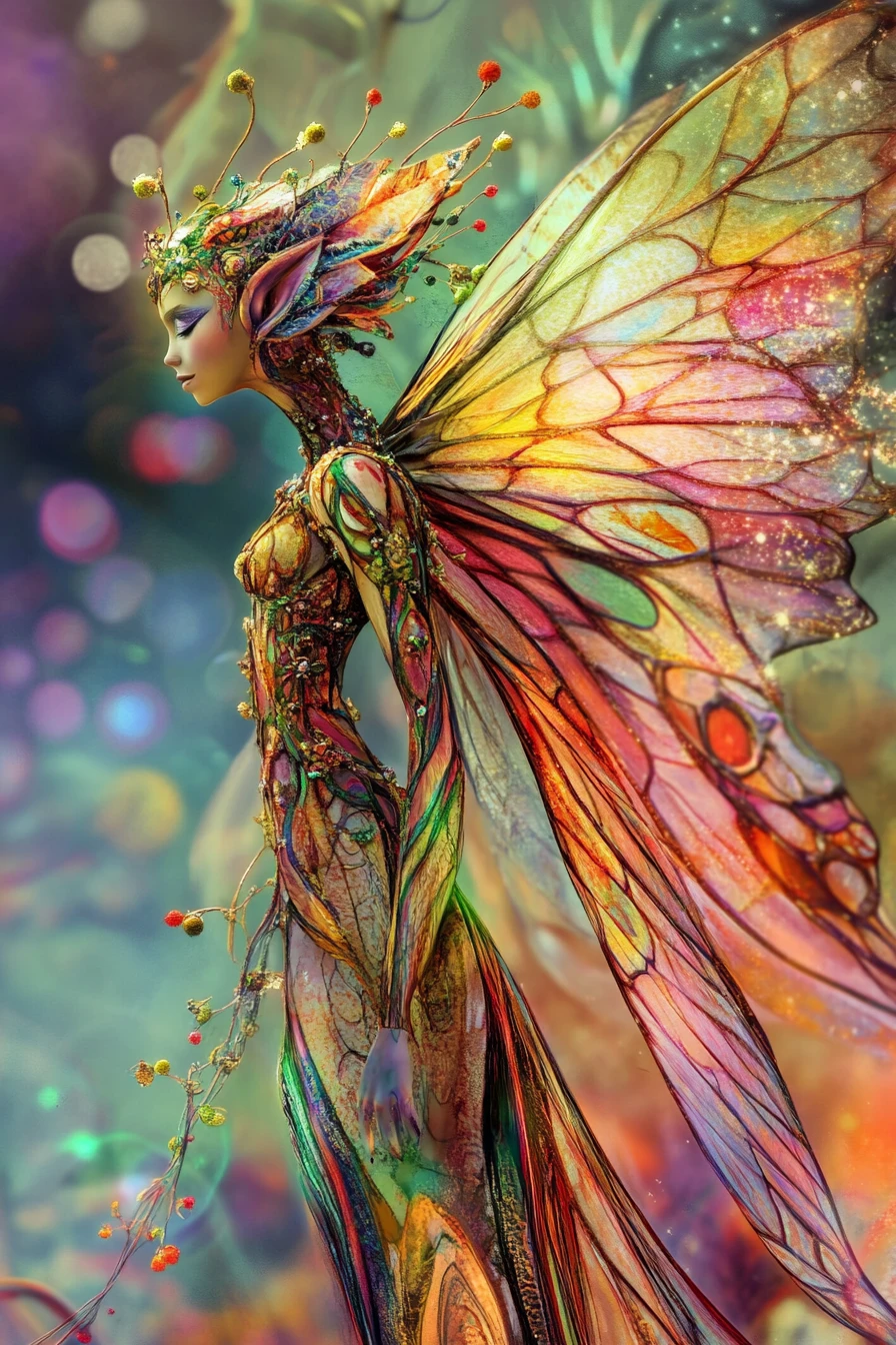 Abstract cyborg fae woman walking in a colorful garden