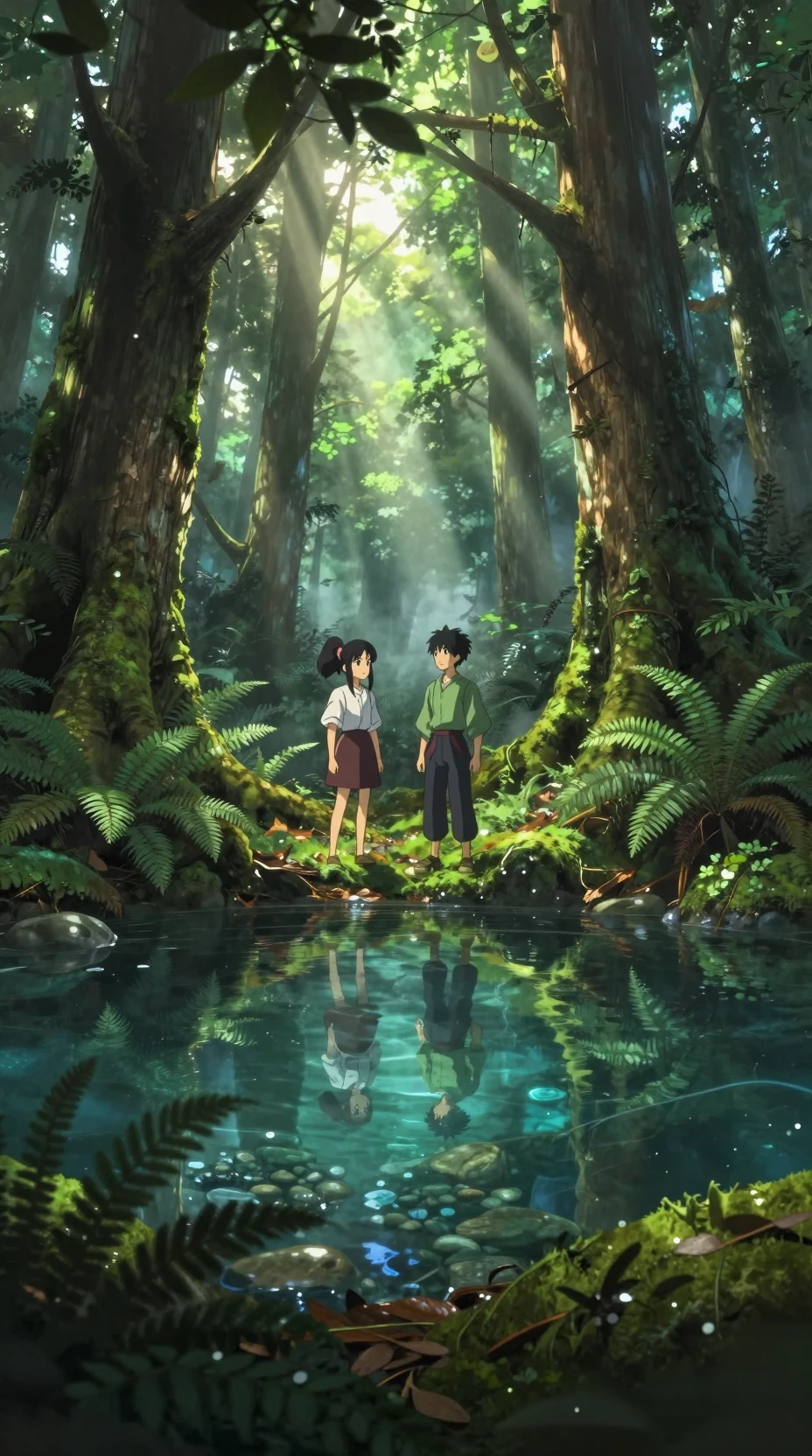 Anime forest heroes by a crystal clear woodland pool