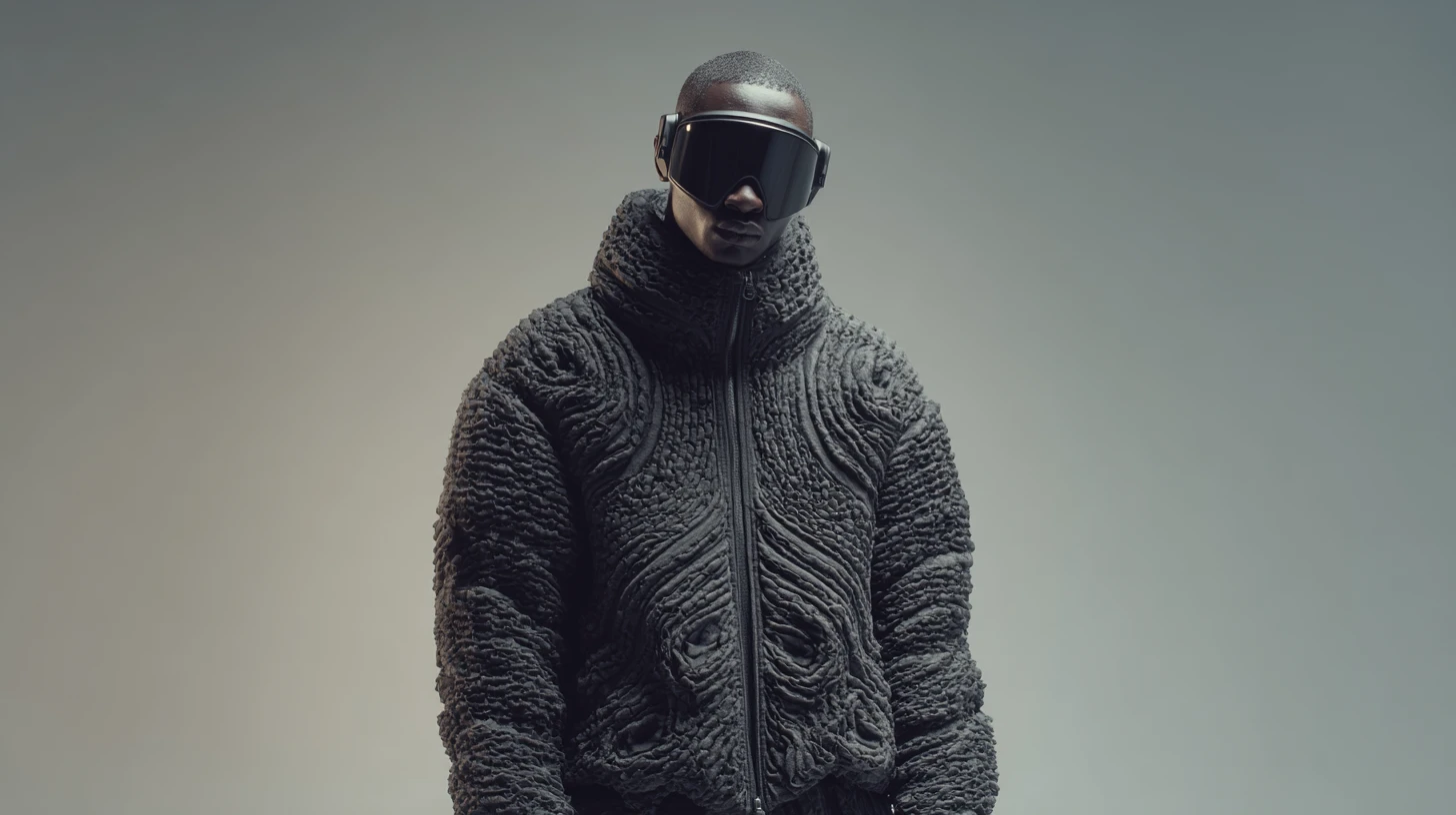 Futuristic fashion man in pale black textured jacket