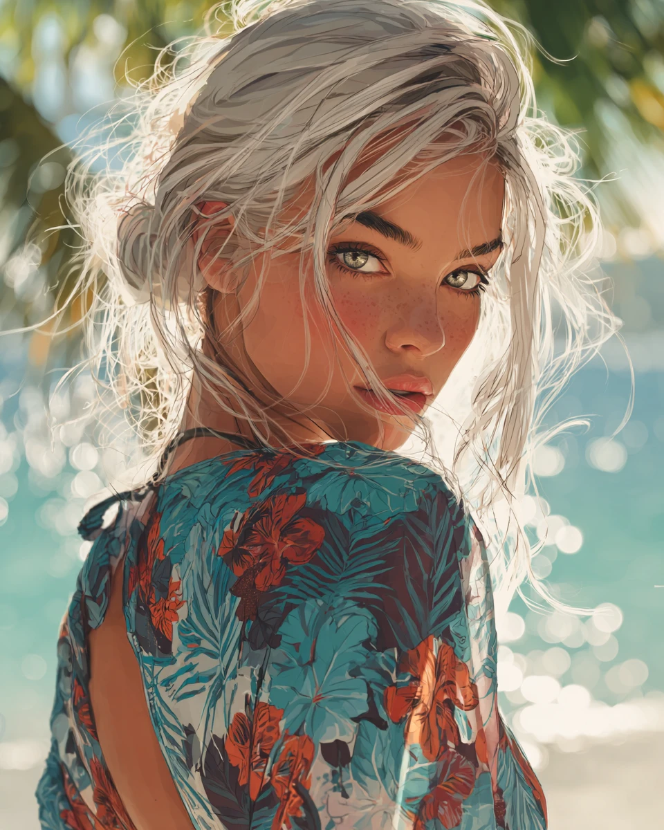 Mujer rubia mística de pie en una playa tropical soleada