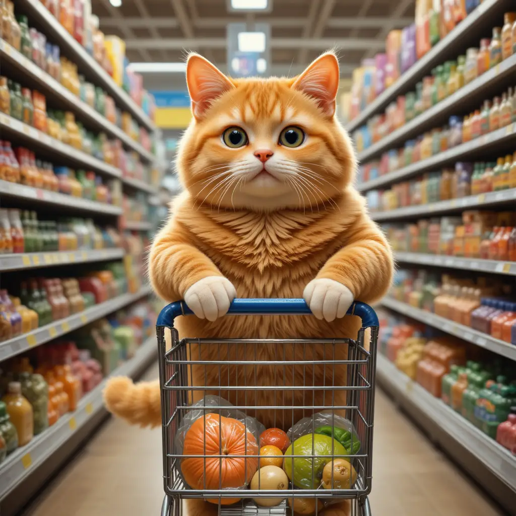 Orange cat shopping with a full cart in a supermarket