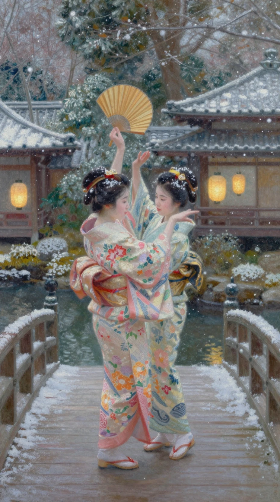 Japanese dancers on a snow covered garden bridge at night