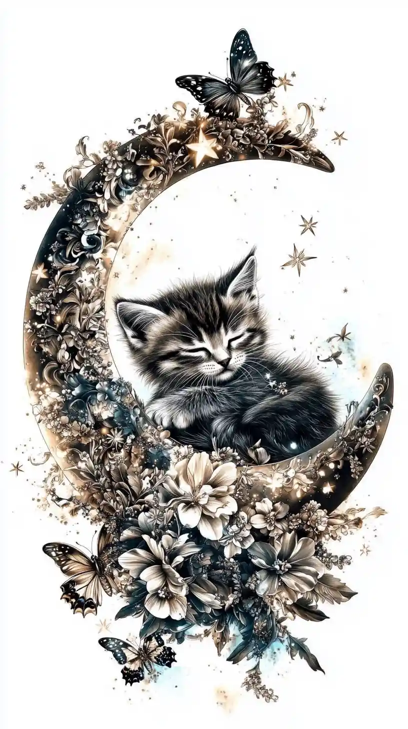 Kitten Curled Around Crescent Moon With Flowers And Stars