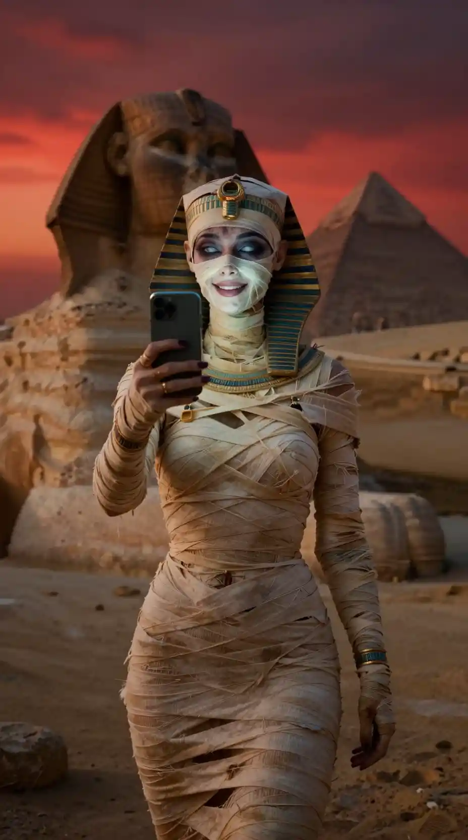 Regina egizia non morta che si scatta un selfie alla Sfinge
