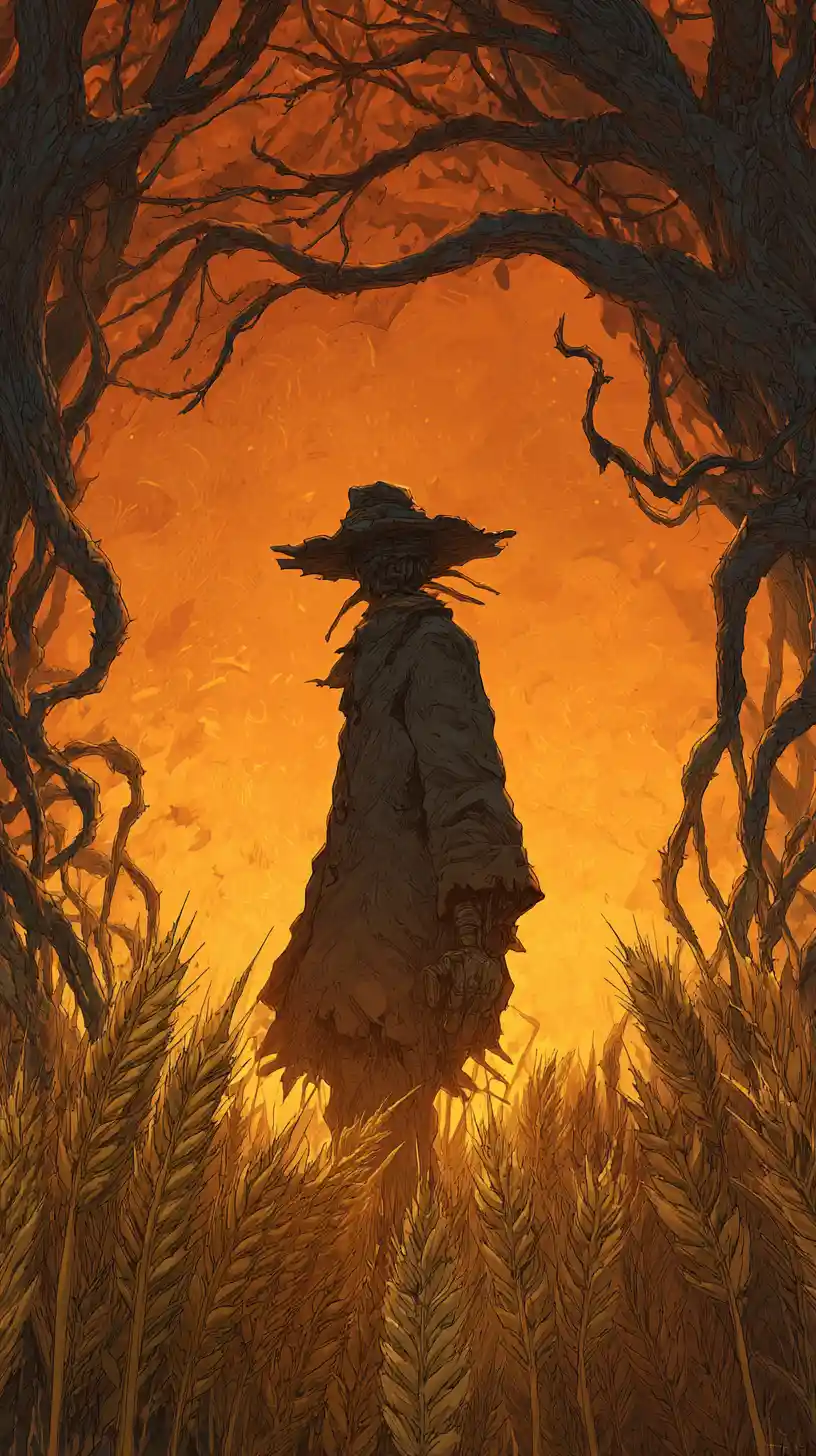 Silhouetted scarecrow at the edge of a glowing wheat road
