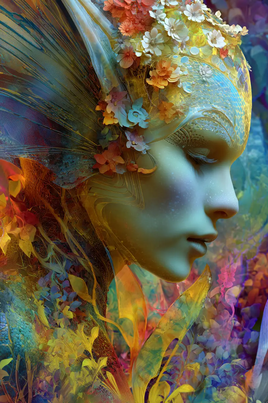 Abstract cyborg fae woman walking through a fairy garden