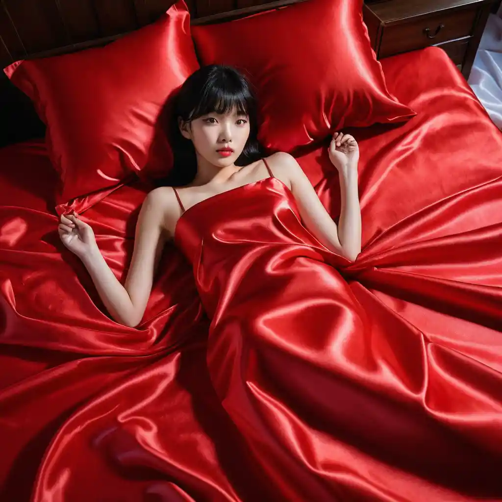 Korean woman lying on red satin bed looking at camera