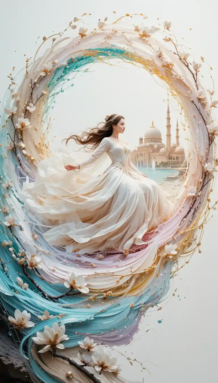 Principessa araba che vola tra acqua turbinante e luce luminosa