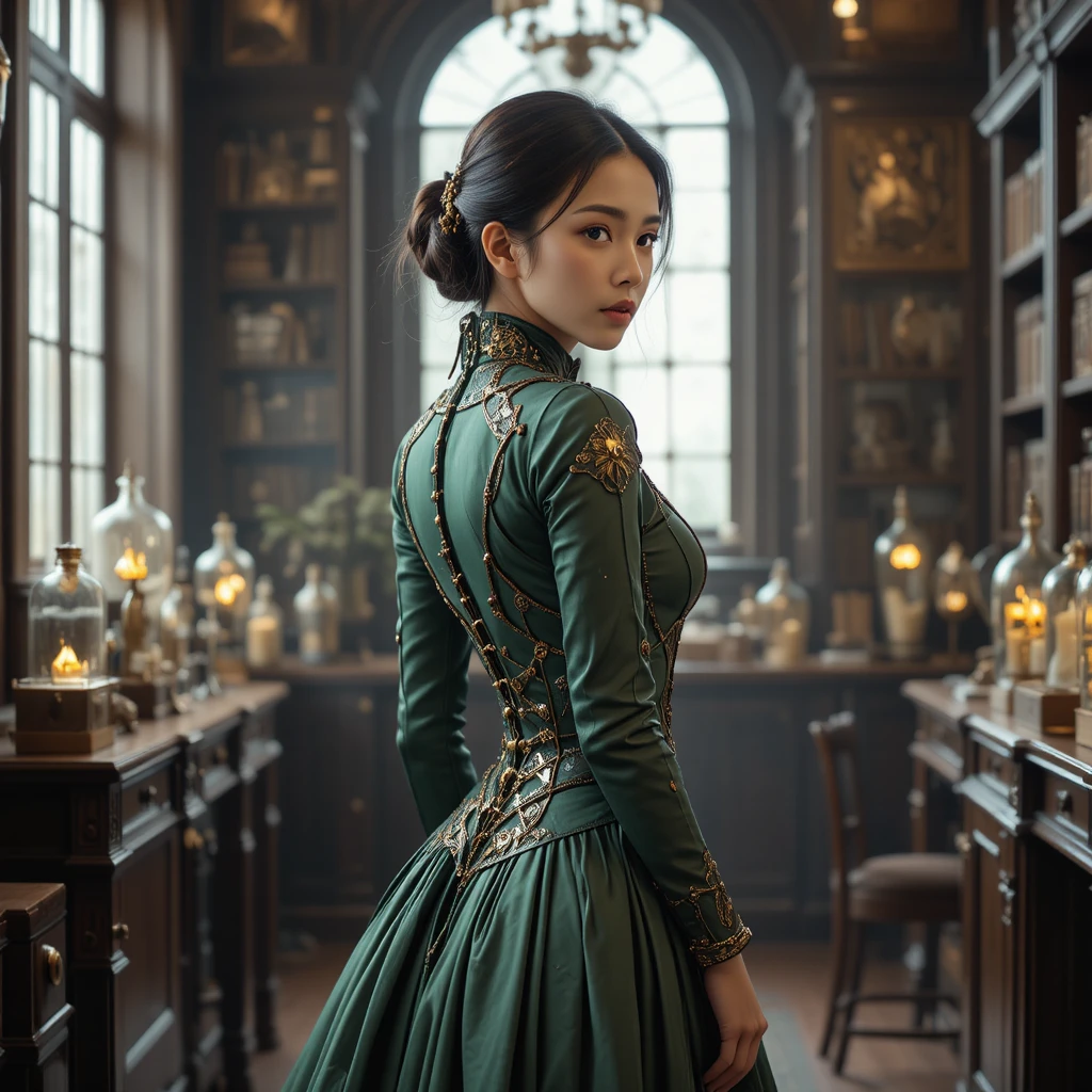 Clockwork alchemist queen in a patina green gala gown