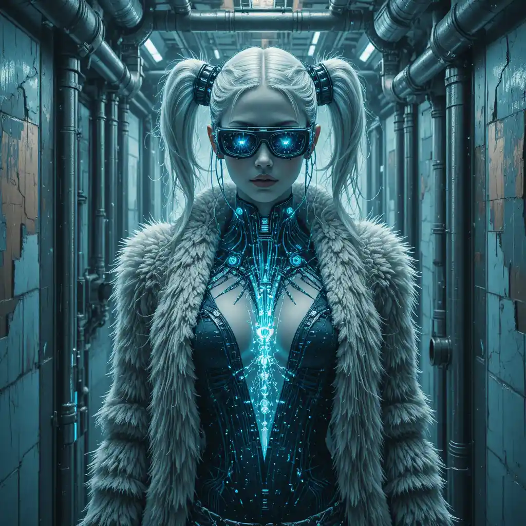 Glitch art mural of a cyber femme fatale in industrial corridor