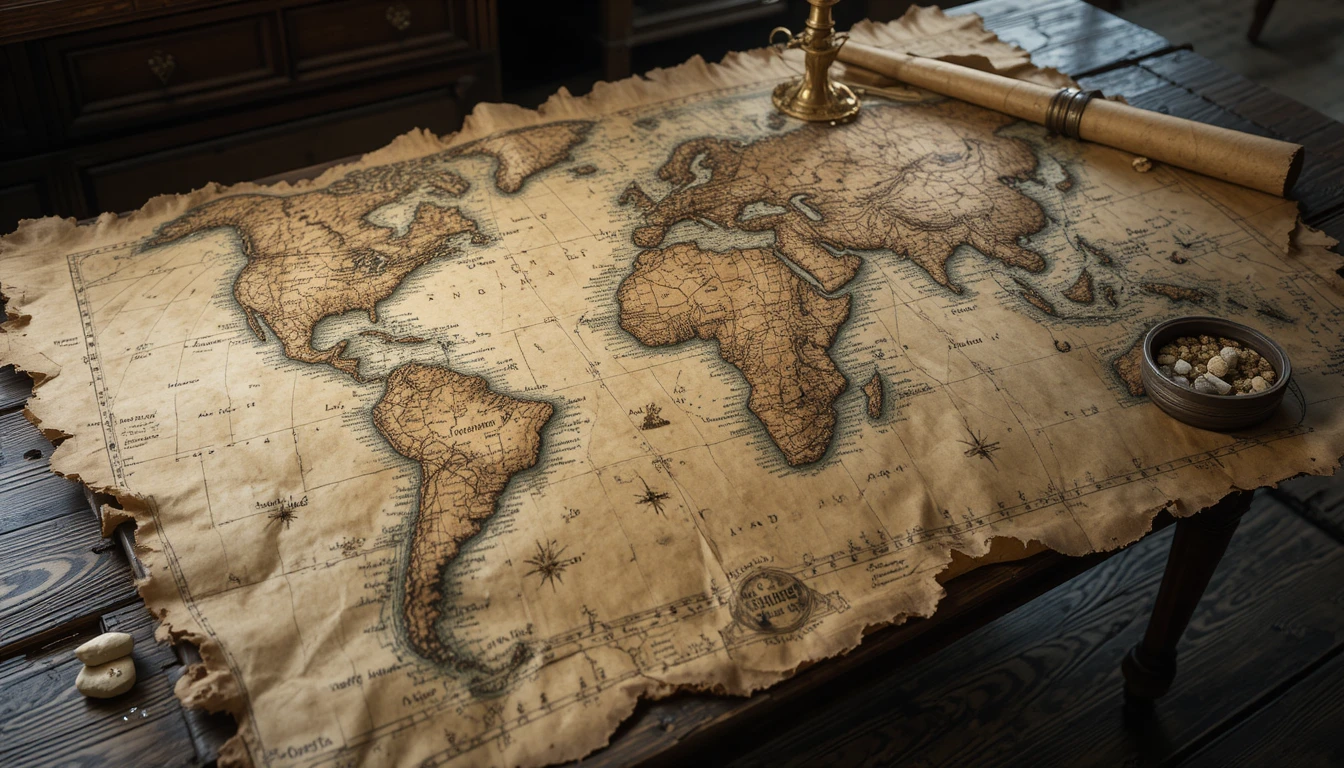Ancient map with living rivers spread across a wooden table