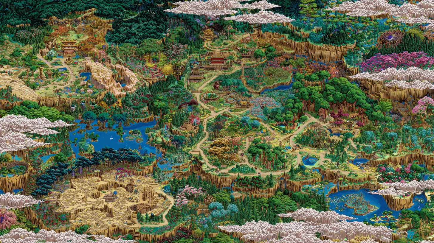 Colorful fantasy map of an imaginary Japanese newspaper world