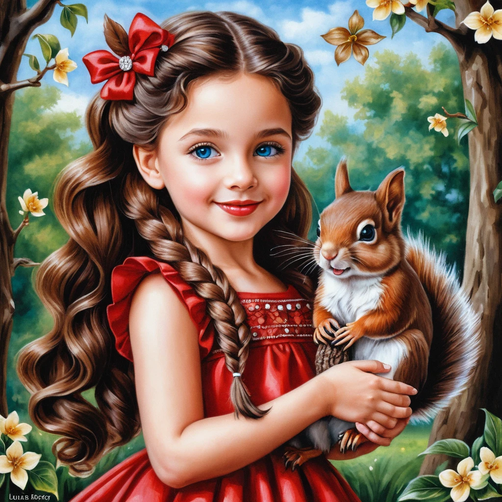 Smiling girl with squirrel in a sparkling red dress