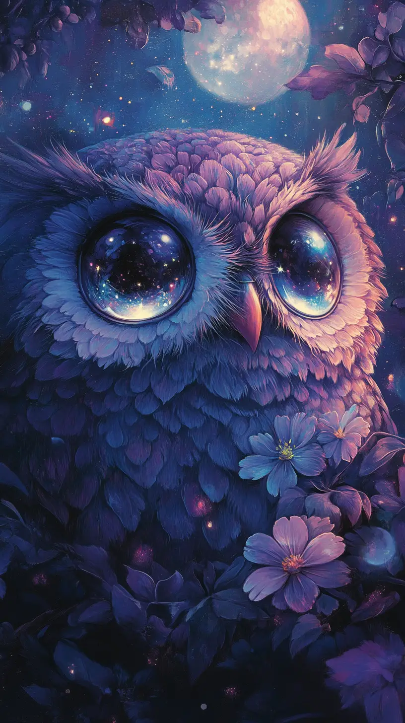 Gufo rotondo con fiori di luna in brillanti colori notturni puntinisti