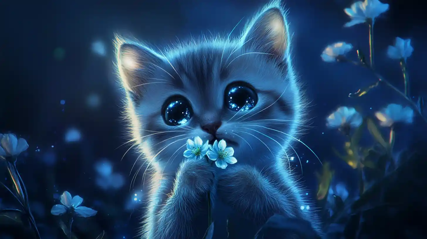 Round kitten with moonflowers in its mouth at glowing night