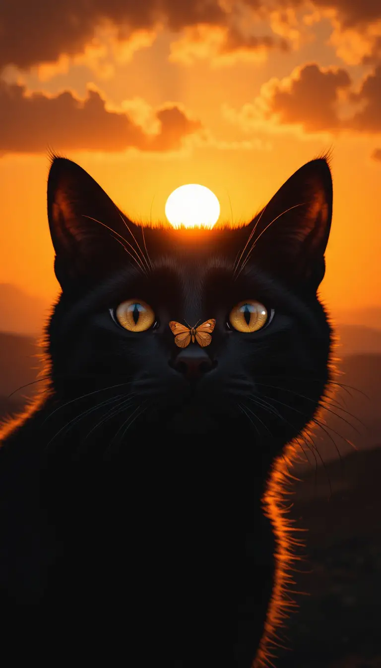 發光夕陽天空下的黑貓剪影與蝴蝶
