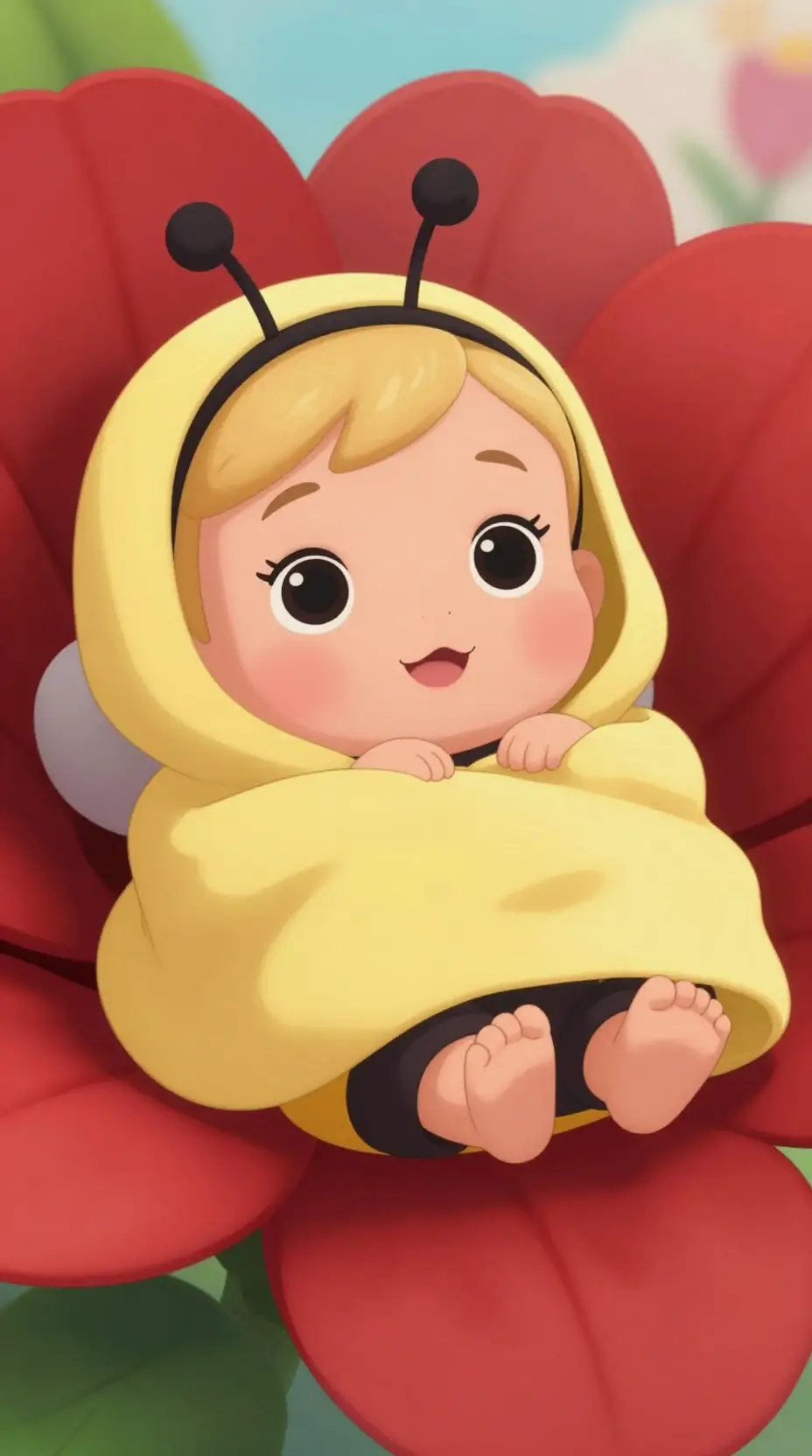 Cartoon baby girl dressed as a tiny bee on flower