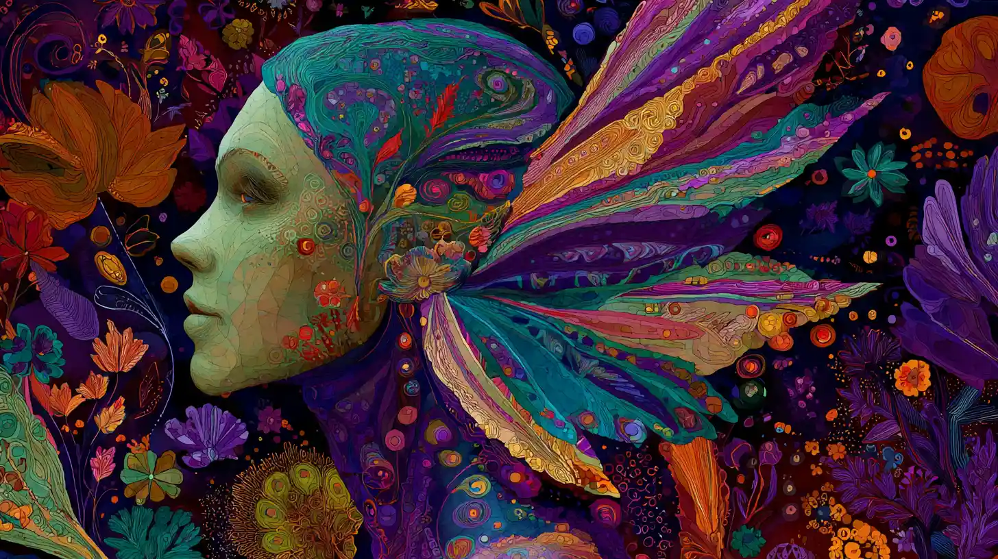 Abstract cyborg fae woman walking through colorful garden
