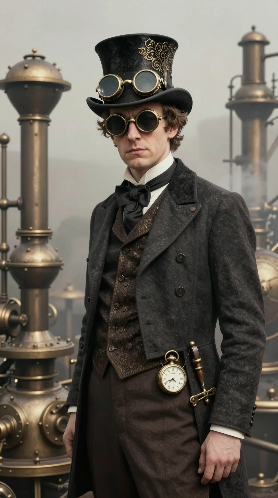 Eccentric Steampunk Gentleman In Smoky Industrial Haze