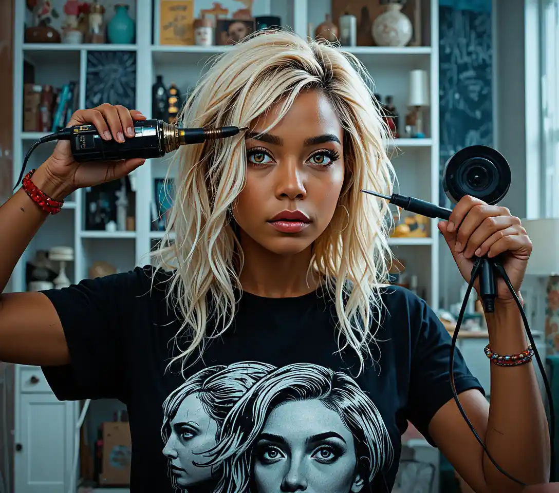 Mulher negra cortando o próprio cabelo com máquina em casa