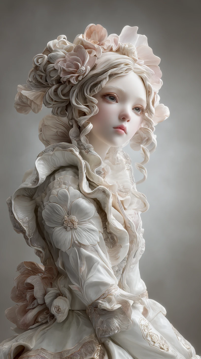 Porcelain fantasy woman sculpture in couture floral gown
