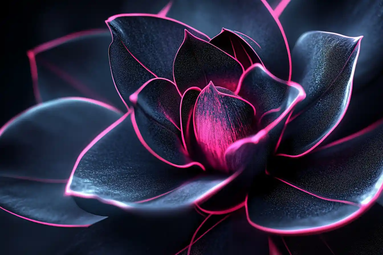 Neon edged black flower on a dark void background