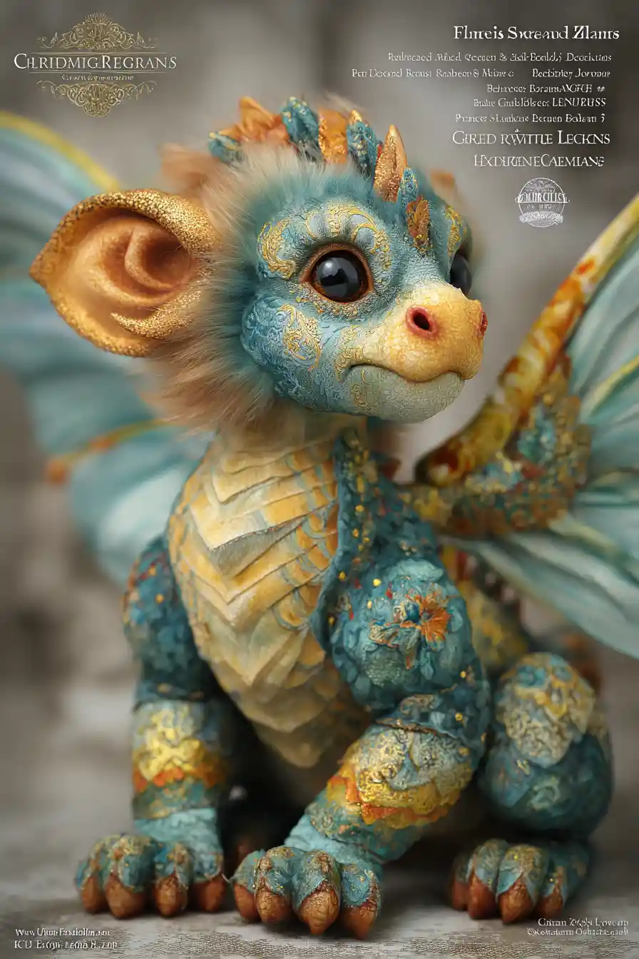 Whimsical dragon like creature in a spring fantasy landscape