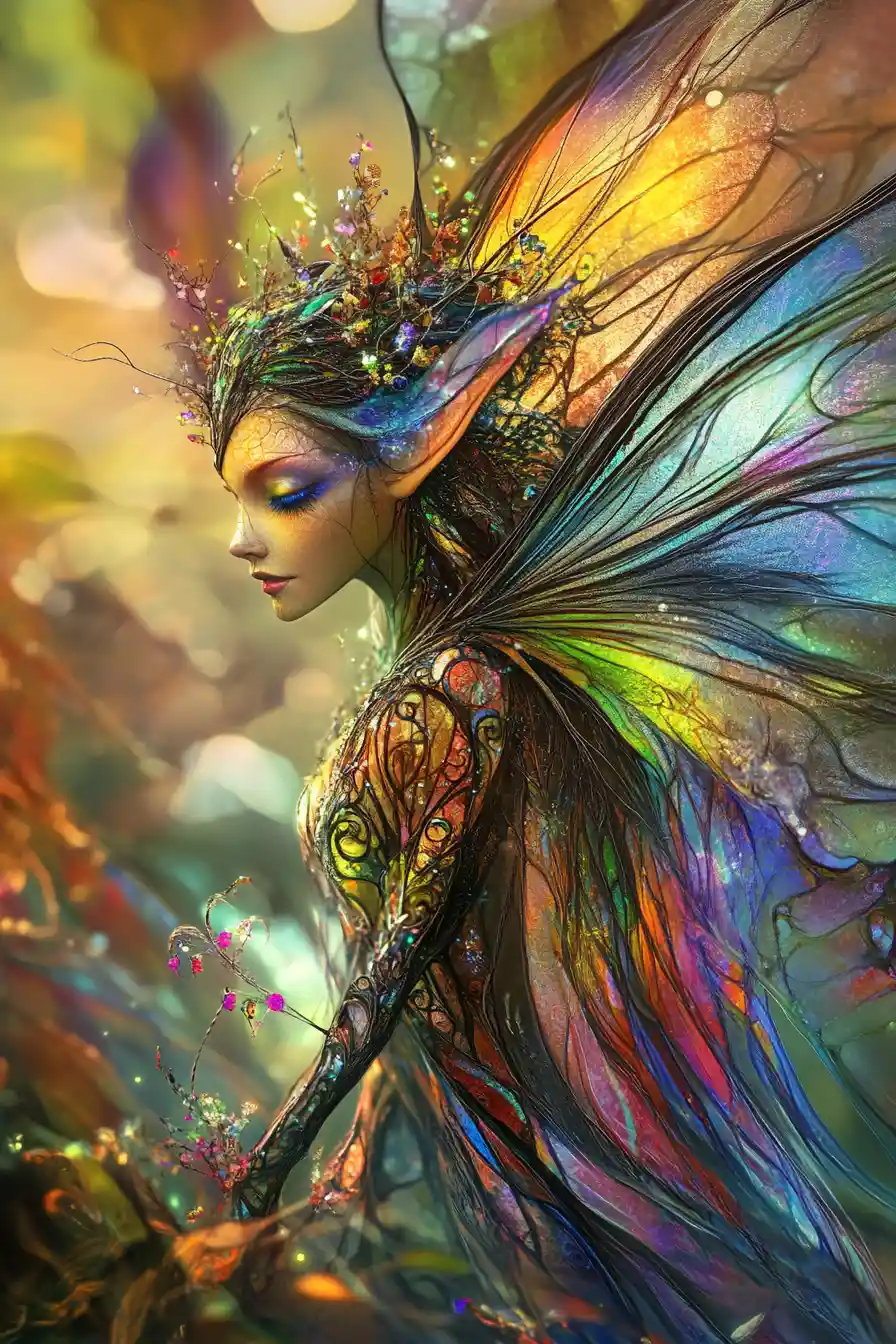 Abstract cyborg fae woman walking through a colorful garden