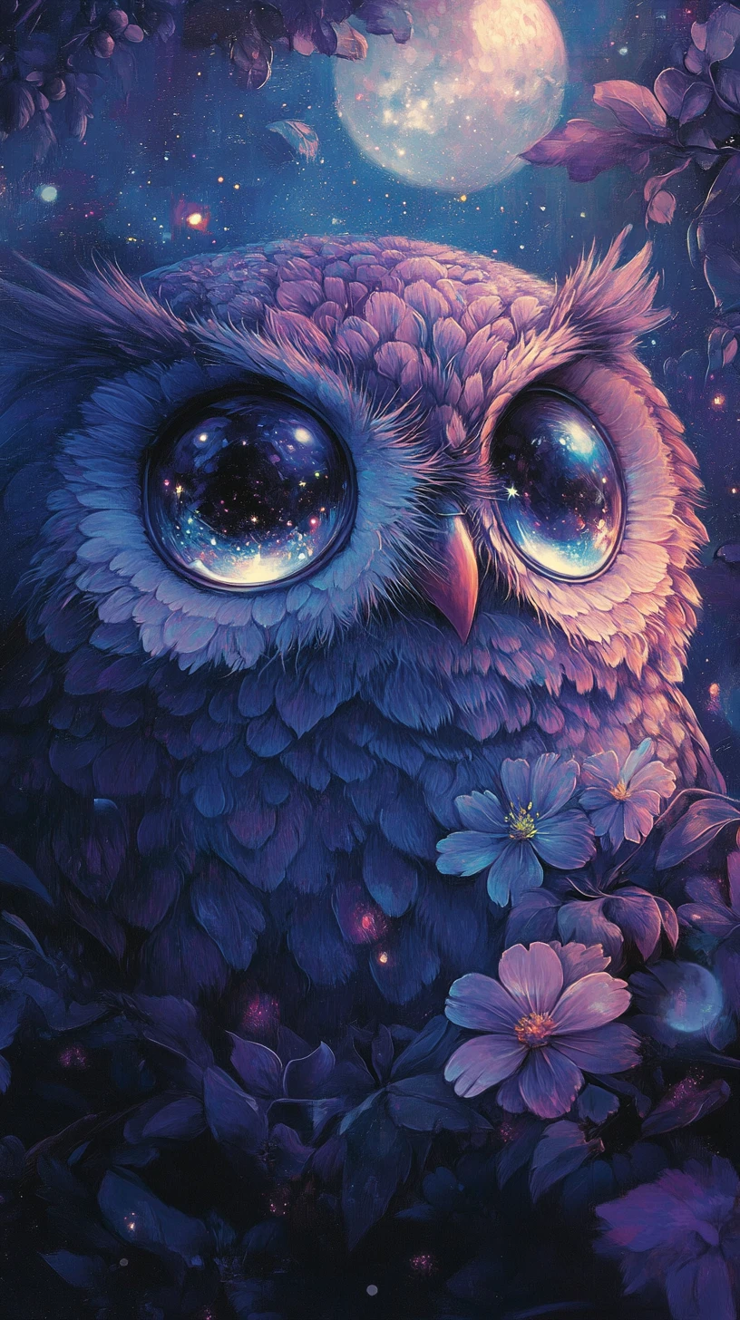 Round owl with moonflowers in glowing pointillist night colors