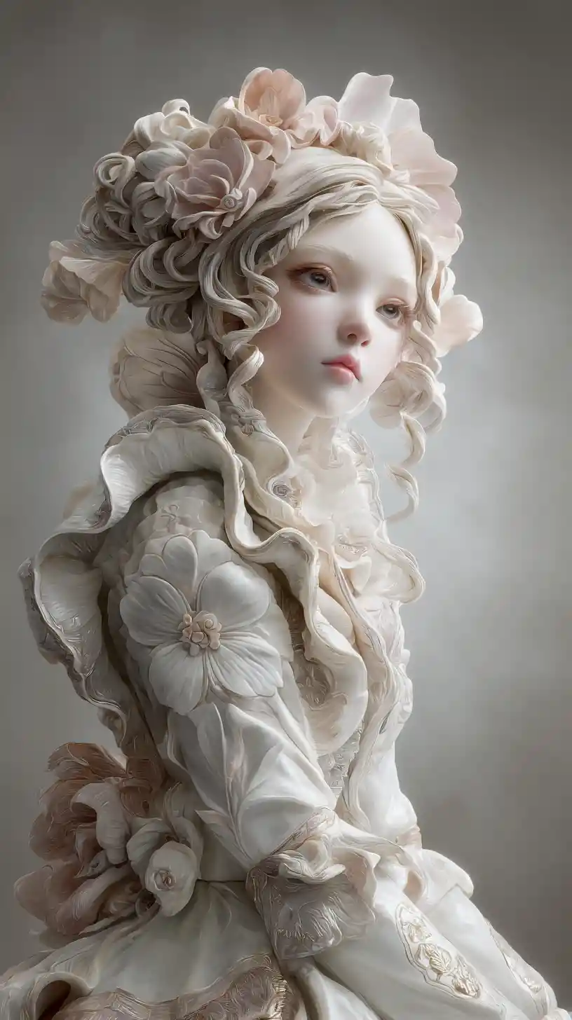 Porcelain fantasy woman sculpture in couture floral gown