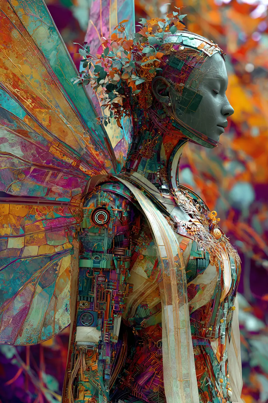 Abstract cyborg fairy woman in a colorful fae garden
