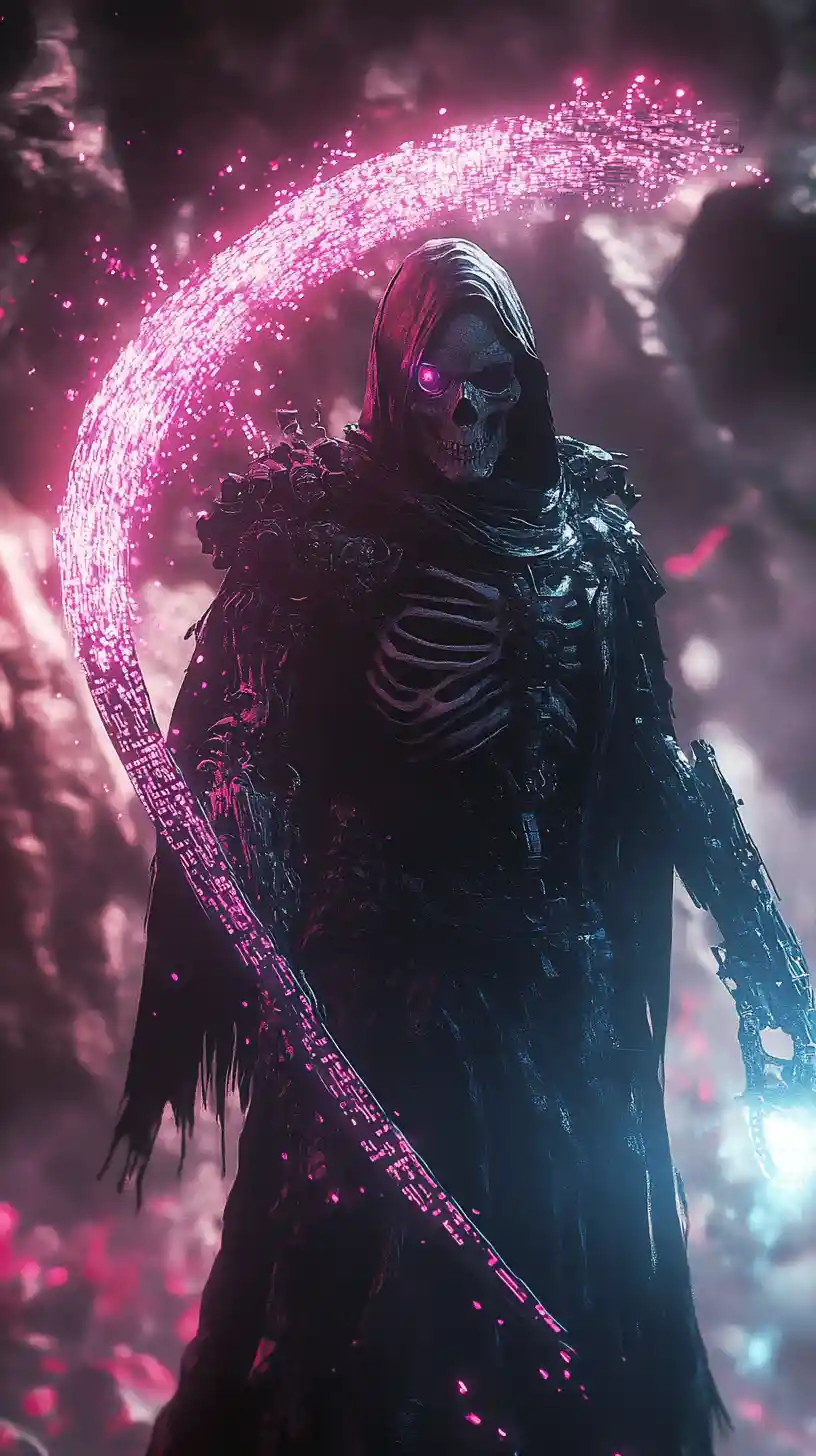 Cybernetic grim reaper with techno scythe and code wings